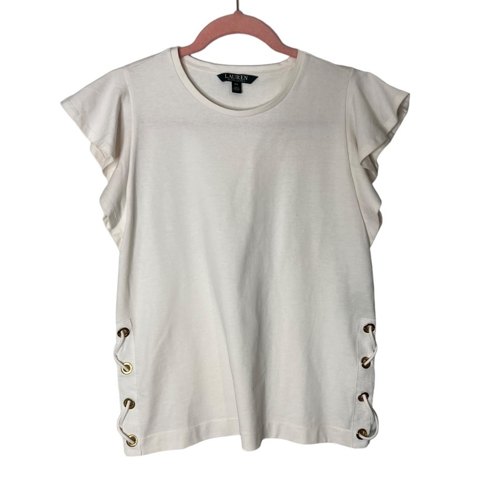 Lauren Ralph Lauren Women’s Size S Top Ivory Cream Sleeveless Ruffle Lace up